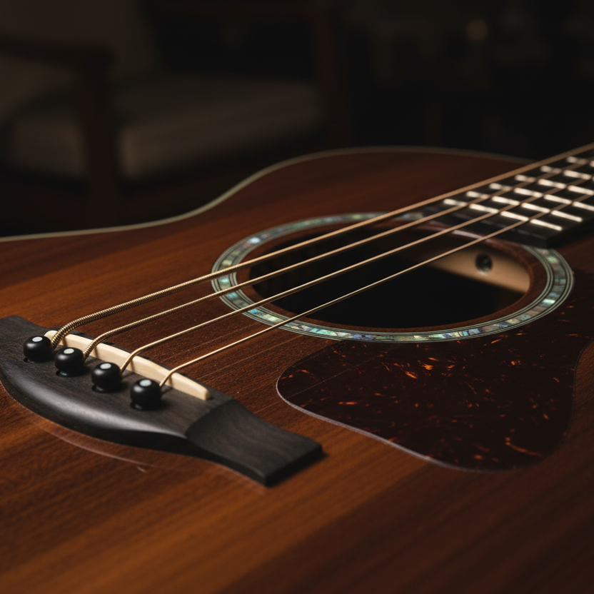 close up of a acoustic bass, dark back ground