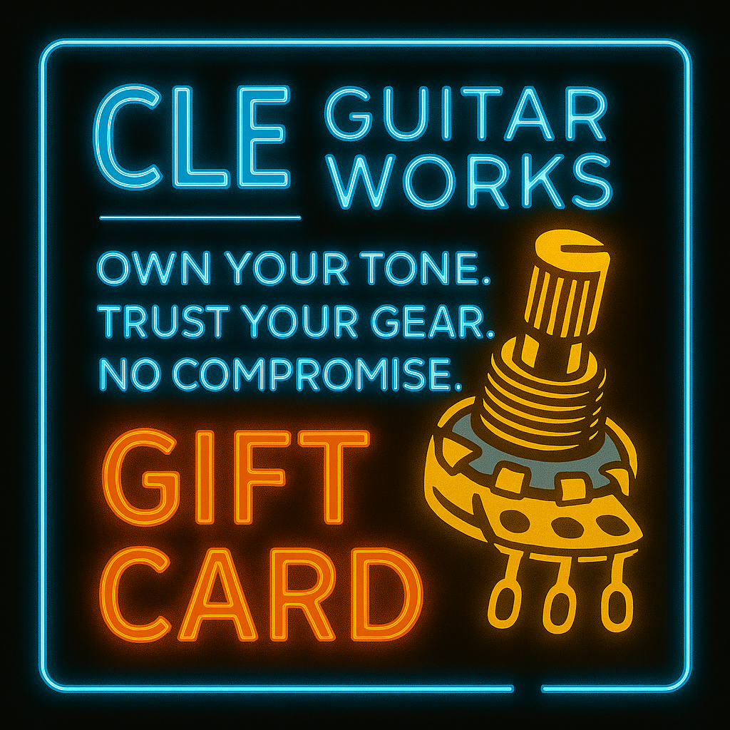 Neon sign with 'CLE Guitar Works' text and guitar switch graphic on a dark background